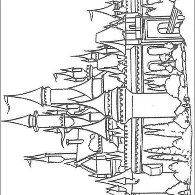 Desenho de contorno complexo e panorâmico de uma cidade-castelo de fantasia, com inúmeras torres esguias, bandeiras, árvores e telhados ornamentados.