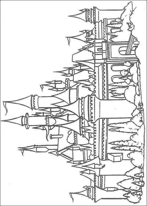 Desenho de contorno complexo e panorâmico de uma cidade-castelo de fantasia, com inúmeras torres esguias, bandeiras, árvores e telhados ornamentados.