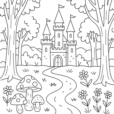 Segredos do Bosque: Castelo e Floresta Mágica para Colorir