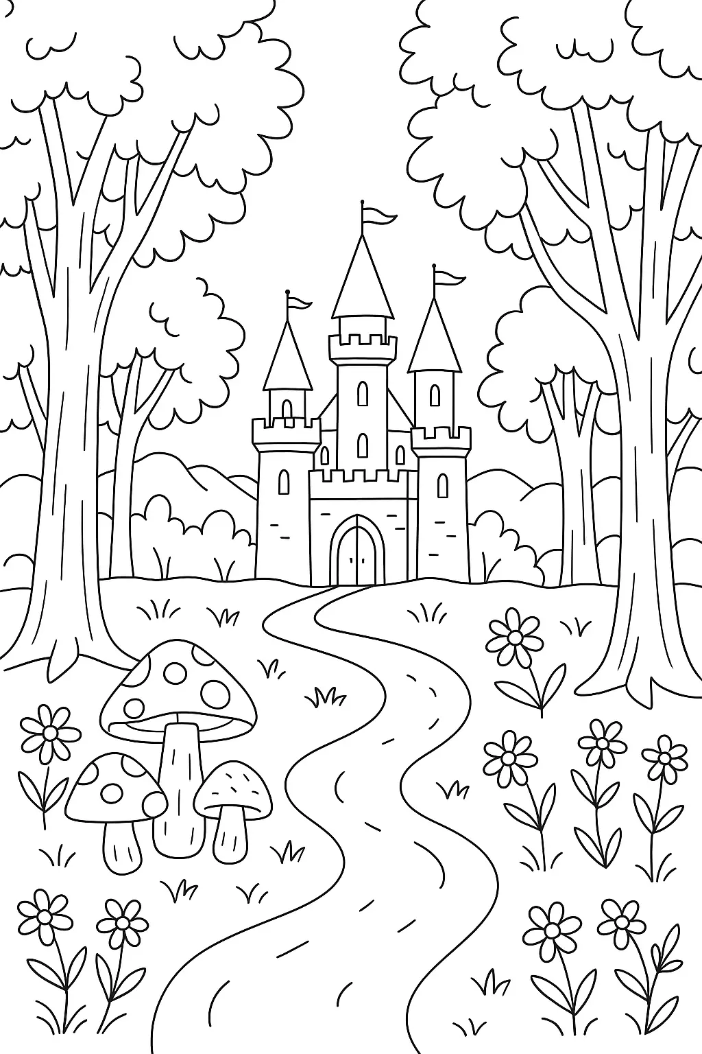 Desenho de contorno de um castelo medieval visto através de árvores de uma floresta, com uma estrada sinuosa, cogumelos grandes com pintinhas e flores no primeiro plano.