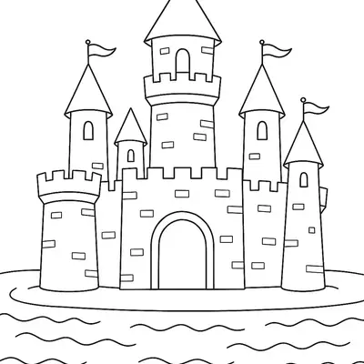 Desenho de contorno de um castelo medieval com cinco torres localizado em uma ilha pequena, com ondas do mar em primeiro plano.