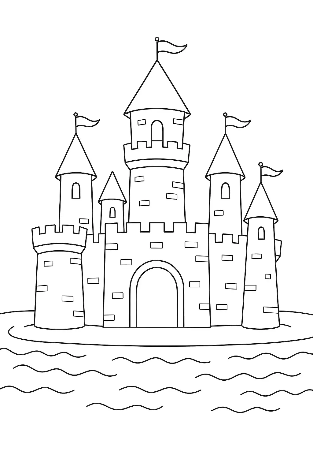 Desenho de contorno de um castelo medieval com cinco torres localizado em uma ilha pequena, com ondas do mar em primeiro plano.