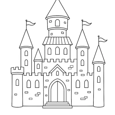Desenho de contorno de um castelo medieval simétrico com uma torre central de dois níveis, quatro torres laterais com telhados cônicos, bandeiras e um grande portão arqueado.