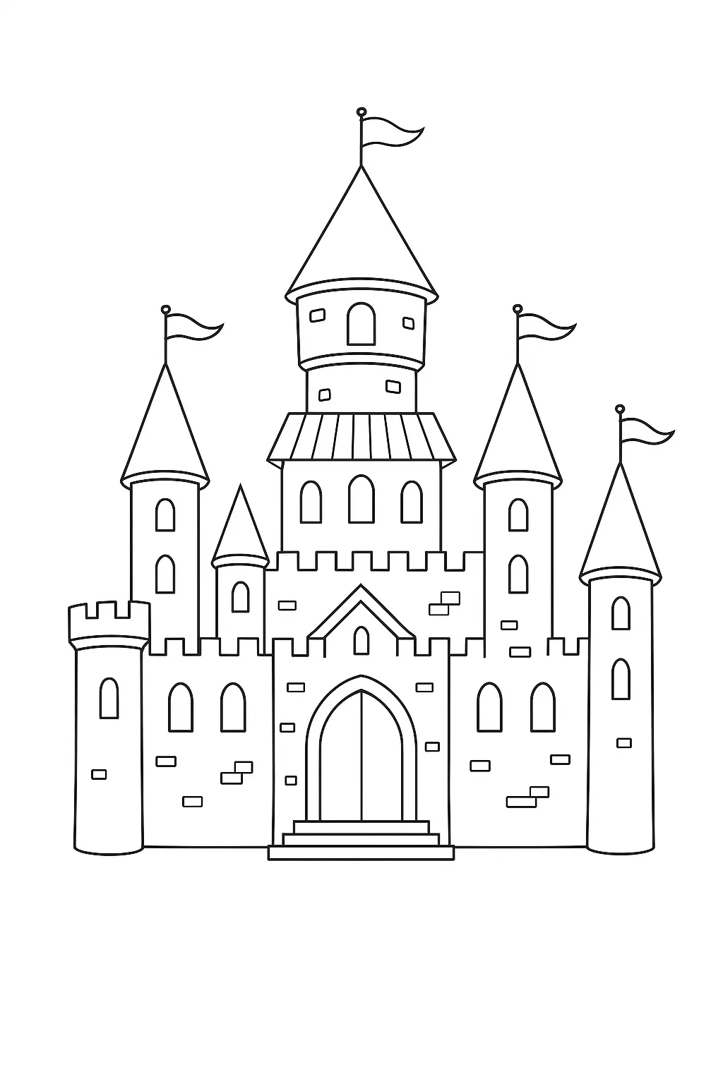 Desenho de contorno de um castelo medieval simétrico com uma torre central de dois níveis, quatro torres laterais com telhados cônicos, bandeiras e um grande portão arqueado.
