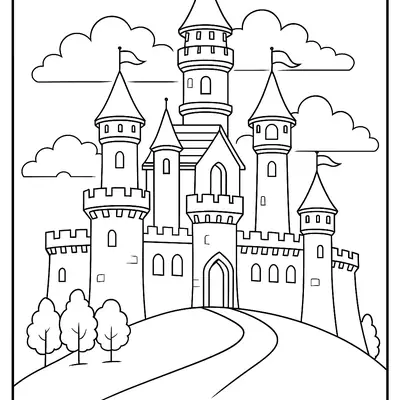 Desenho de contorno de um castelo medieval com cinco torres de diferentes tamanhos no topo de uma colina, com uma estrada curva e árvores na base.