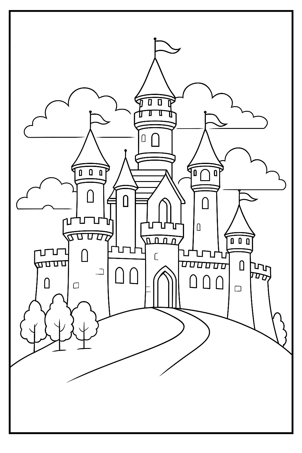 Desenho de contorno de um castelo medieval com cinco torres de diferentes tamanhos no topo de uma colina, com uma estrada curva e árvores na base.