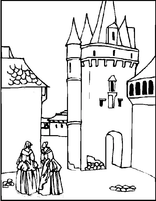 Desenho de contorno de duas mulheres com vestidos medievais volumosos conversando em uma rua de vila, com uma grande torre de castelo ao fundo.