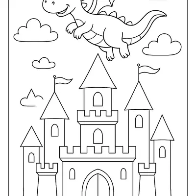 Desenho de contorno de um pequeno dragão sorridente voando acima de um castelo com várias torres, bandeiras e nuvens ao fundo.