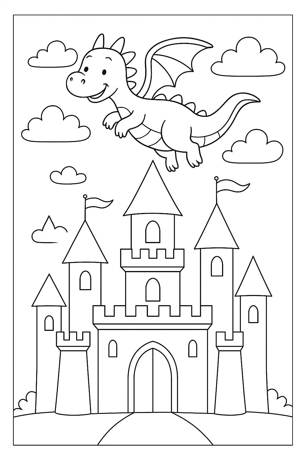 Desenho de contorno de um pequeno dragão sorridente voando acima de um castelo com várias torres, bandeiras e nuvens ao fundo.