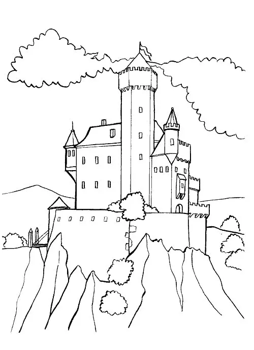 Desenho de contorno de um castelo medieval em cima de uma montanha rochosa pontiaguda, com uma grande torre central quadrada, pequenas torres laterais e nuvens no céu.