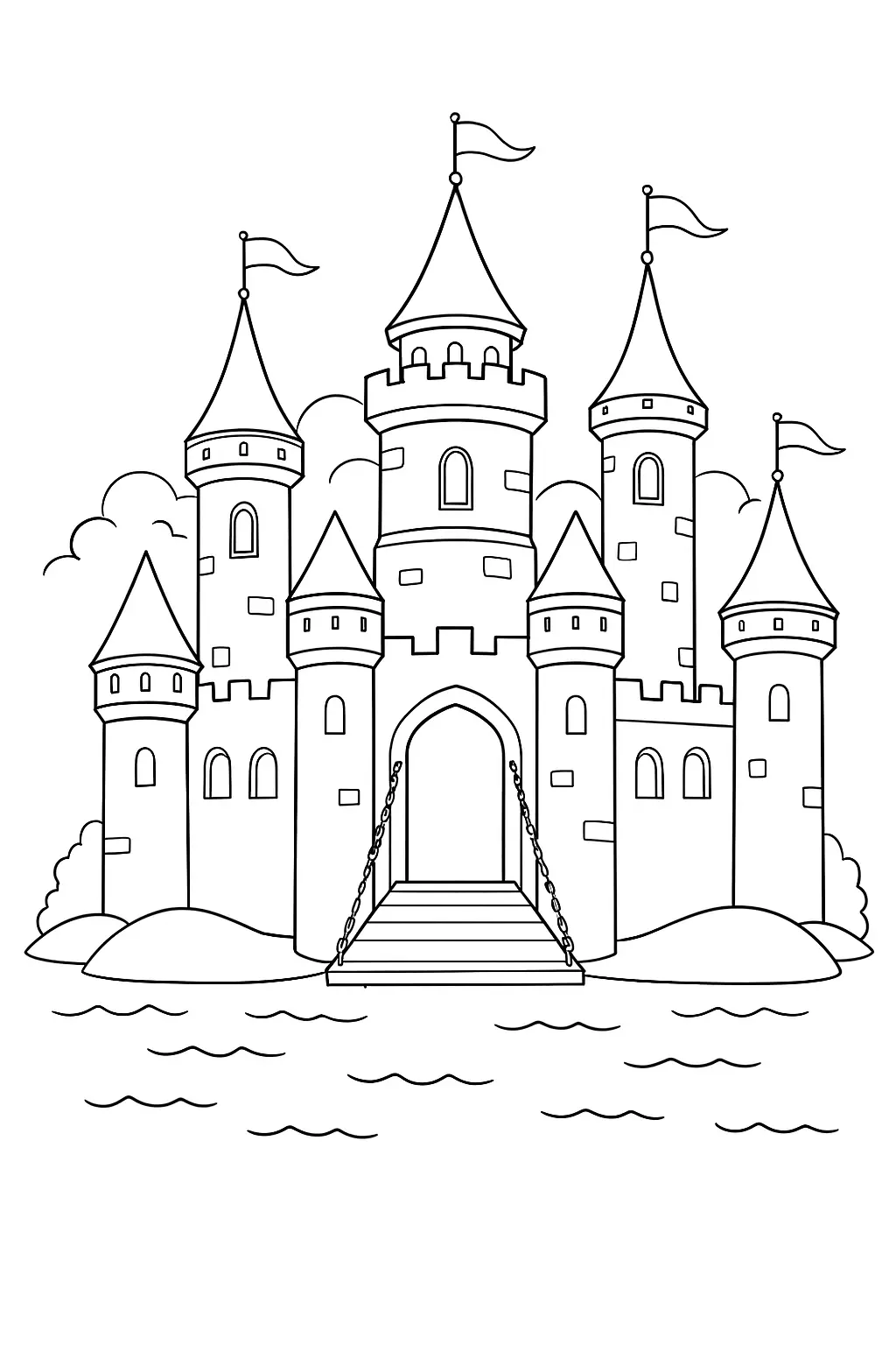 Desenho de contorno de um castelo medieval em uma ilha, com uma ponte levadiça abaixada sobre o mar, presa por correntes, rodeado de torres e nuvens.