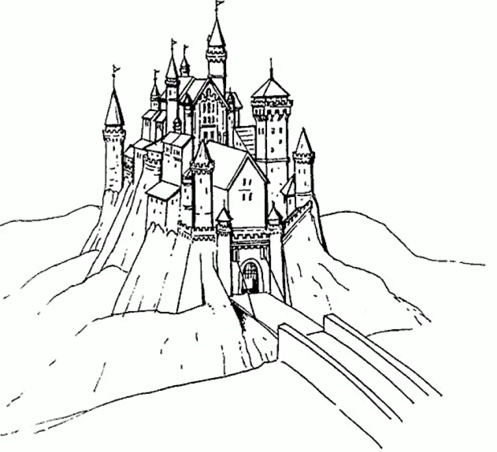Desenho de contorno de um castelo medieval detalhado no topo de uma montanha, com uma ponte levadiça estendida sobre um abismo, diversas torres e bandeiras.
