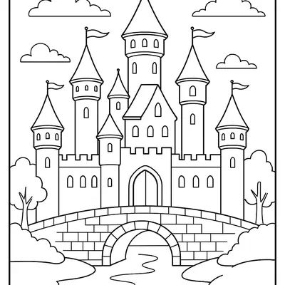Desenho de contorno de um castelo medieval com múltiplas torres, bandeiras no topo, um portão central e uma ponte de arco sobre um rio, cercado por árvores e nuvens.