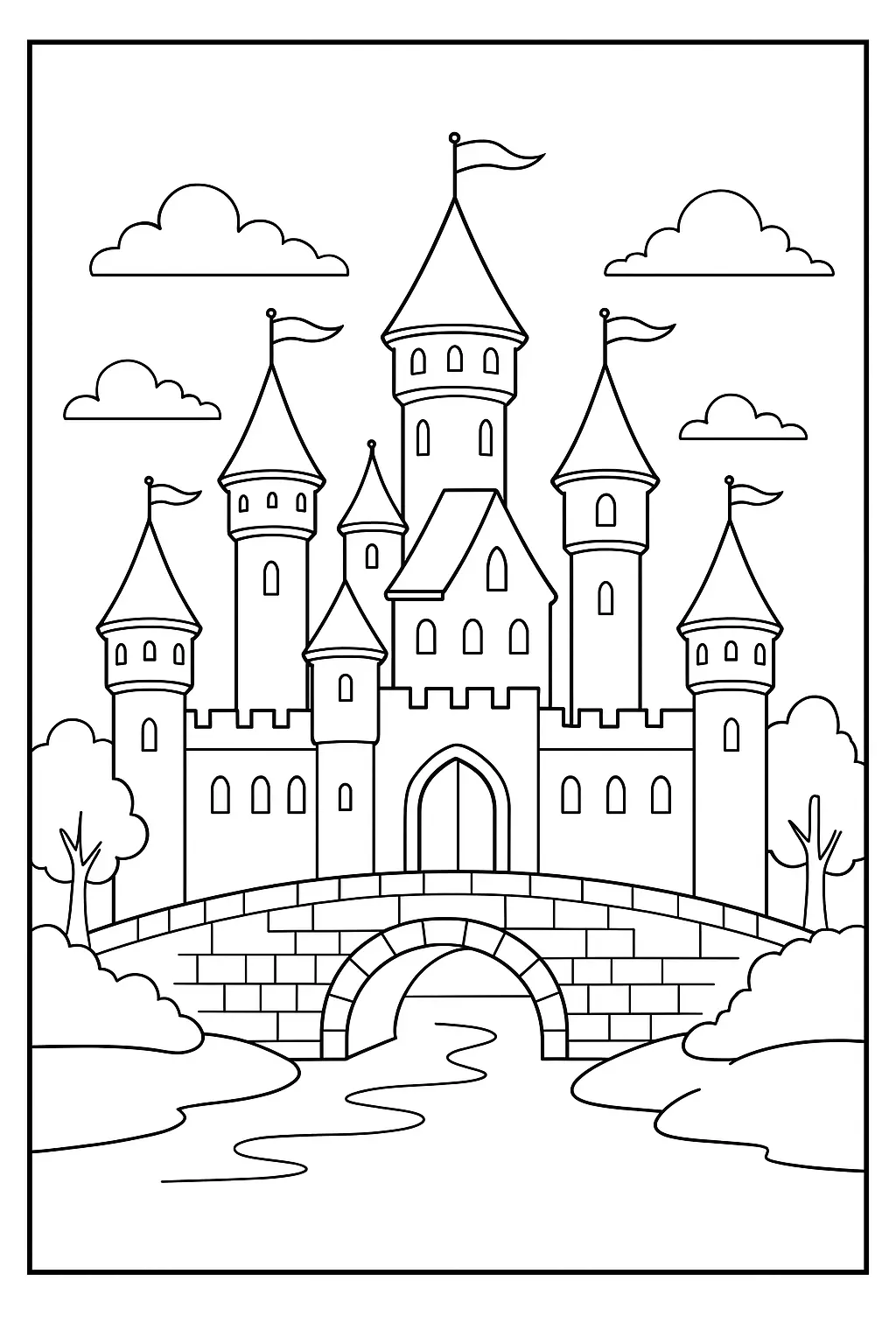 Desenho de contorno de um castelo medieval com múltiplas torres, bandeiras no topo, um portão central e uma ponte de arco sobre um rio, cercado por árvores e nuvens.