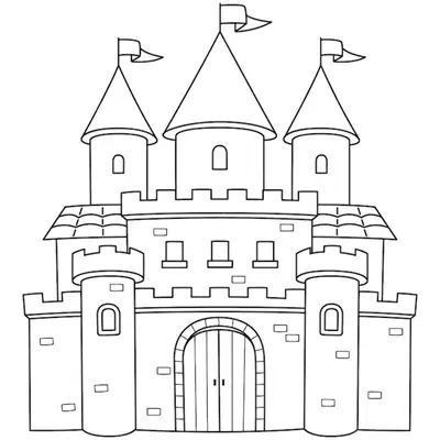 Desenho de contorno de um castelo medieval com três torres superiores de telhados cônicos, duas torres frontais arredondadas e um grande portão de madeira em arco.