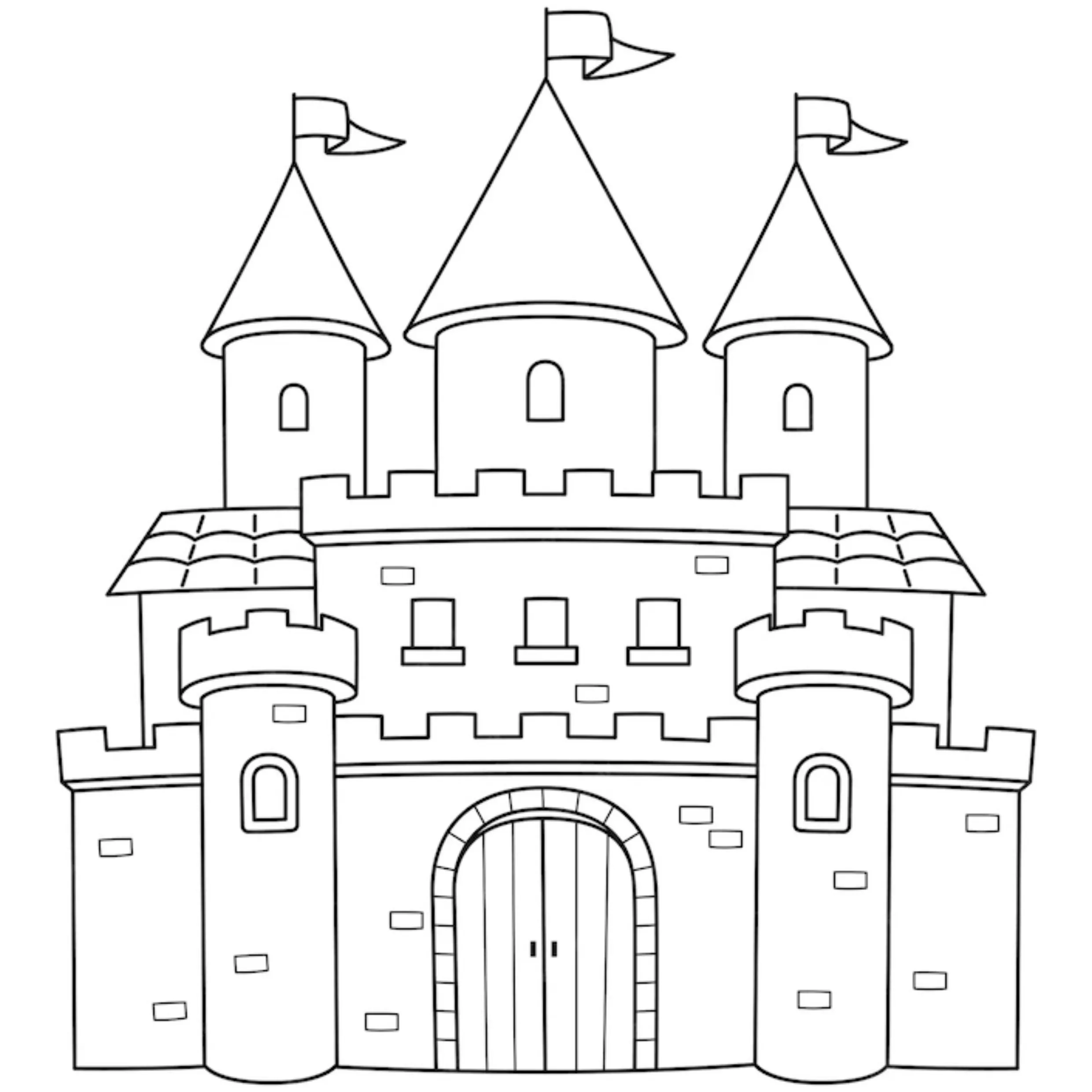 Desenho de contorno de um castelo medieval com três torres superiores de telhados cônicos, duas torres frontais arredondadas e um grande portão de madeira em arco.