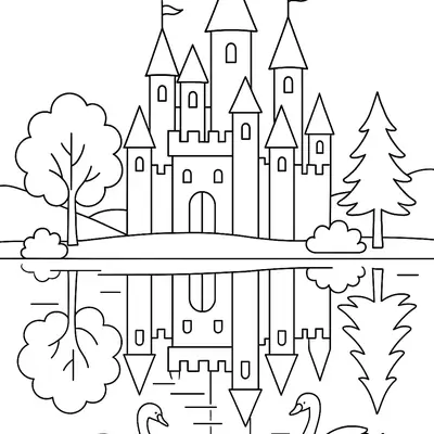 Desenho de contorno de um castelo com várias torres e bandeiras, refletido na água de um lago com dois cisnes nadando na frente e árvores nas laterais.