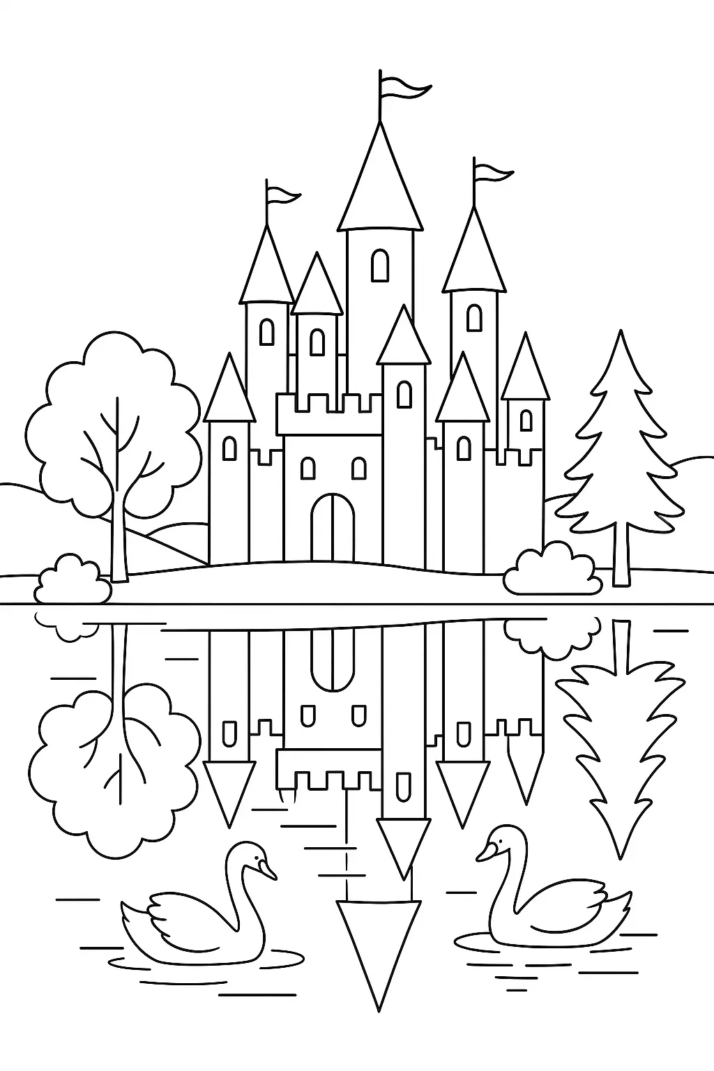 Desenho de contorno de um castelo com várias torres e bandeiras, refletido na água de um lago com dois cisnes nadando na frente e árvores nas laterais.