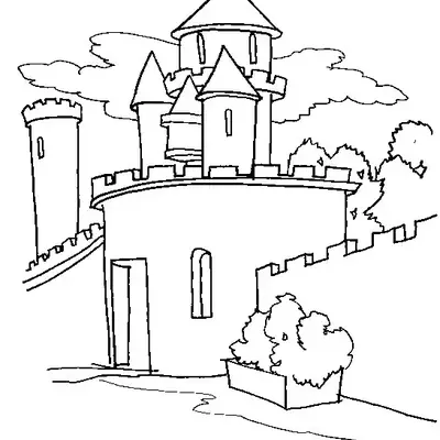 Desenho de contorno de um castelo medieval com torres redondas de telhados cônicos, uma muralha com ameias e arbustos no jardim frontal.