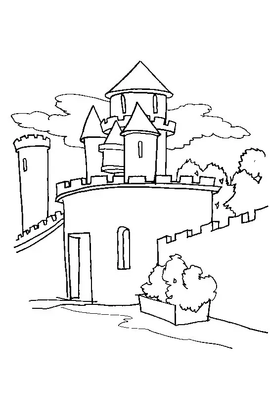 Desenho de contorno de um castelo medieval com torres redondas de telhados cônicos, uma muralha com ameias e arbustos no jardim frontal.
