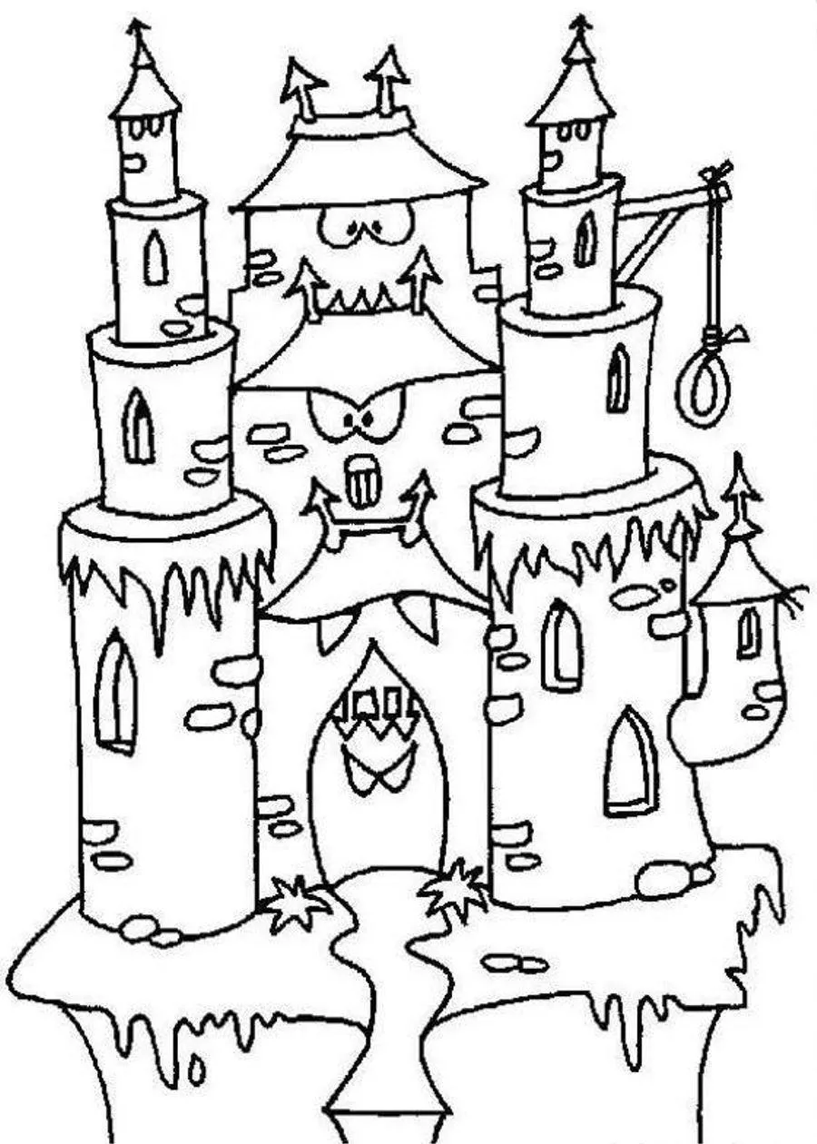 Desenho de contorno de um castelo assombrado estilizado como um monstro, com olhos nas torres, um portão em forma de boca com dentes e uma forca lateral.