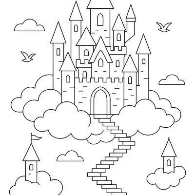 Desenho de contorno de um grande castelo medieval flutuando em cima de nuvens, com uma longa escada em zigue-zague subindo até a porta, cercado por aves e nuvens menores.