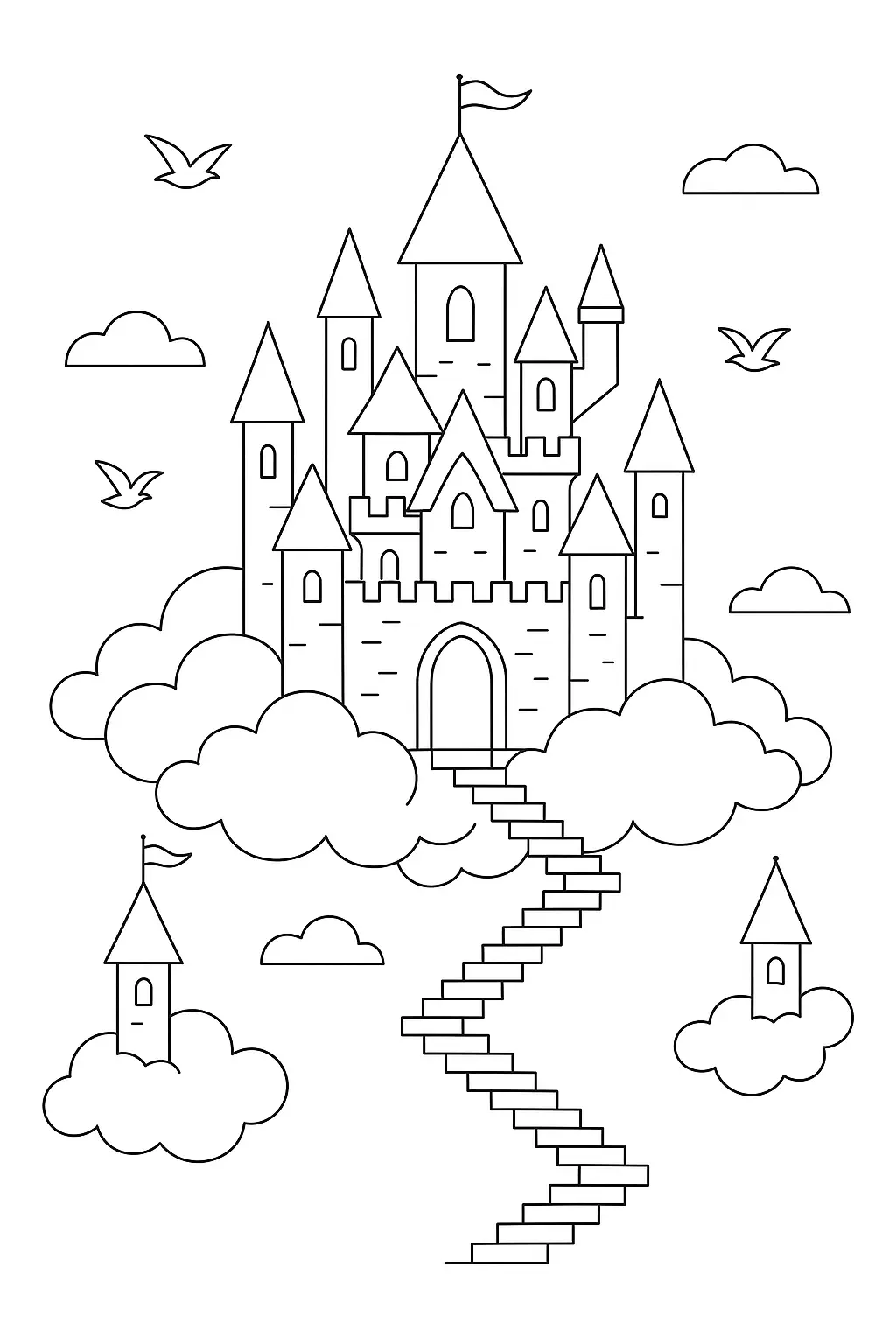 Desenho de contorno de um grande castelo medieval flutuando em cima de nuvens, com uma longa escada em zigue-zague subindo até a porta, cercado por aves e nuvens menores.
