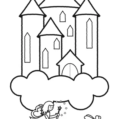 Desenho de contorno simples de um castelo com torres flutuando em uma nuvem grande, com uma fada segurando uma varinha e uma libélula abaixo.