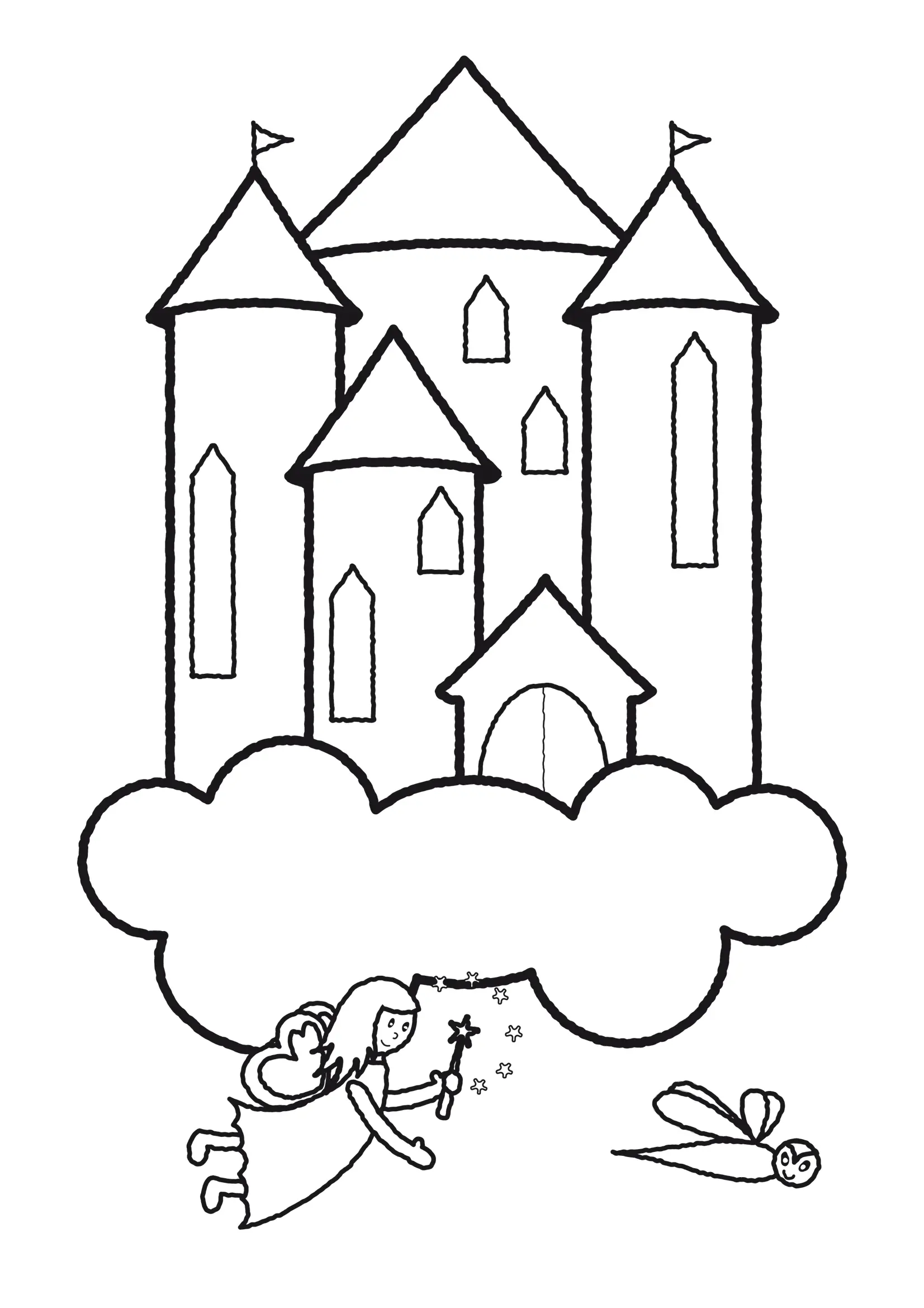 Desenho de contorno simples de um castelo com torres flutuando em uma nuvem grande, com uma fada segurando uma varinha e uma libélula abaixo.