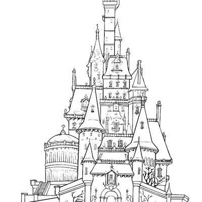 Desenho de contorno detalhado de um castelo de fantasia estilo clássico, com muitas torres pontiagudas, janelas vitorianas, uma cúpula redonda e árvores secas na entrada.