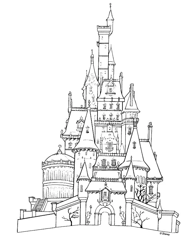 Desenho de contorno detalhado de um castelo de fantasia estilo clássico, com muitas torres pontiagudas, janelas vitorianas, uma cúpula redonda e árvores secas na entrada.