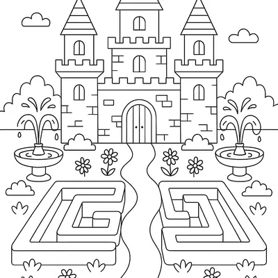 Desenho de contorno de um castelo com três torres principais, um caminho central, dois labirintos de arbustos laterais, fontes de água e flores em primeiro plano.