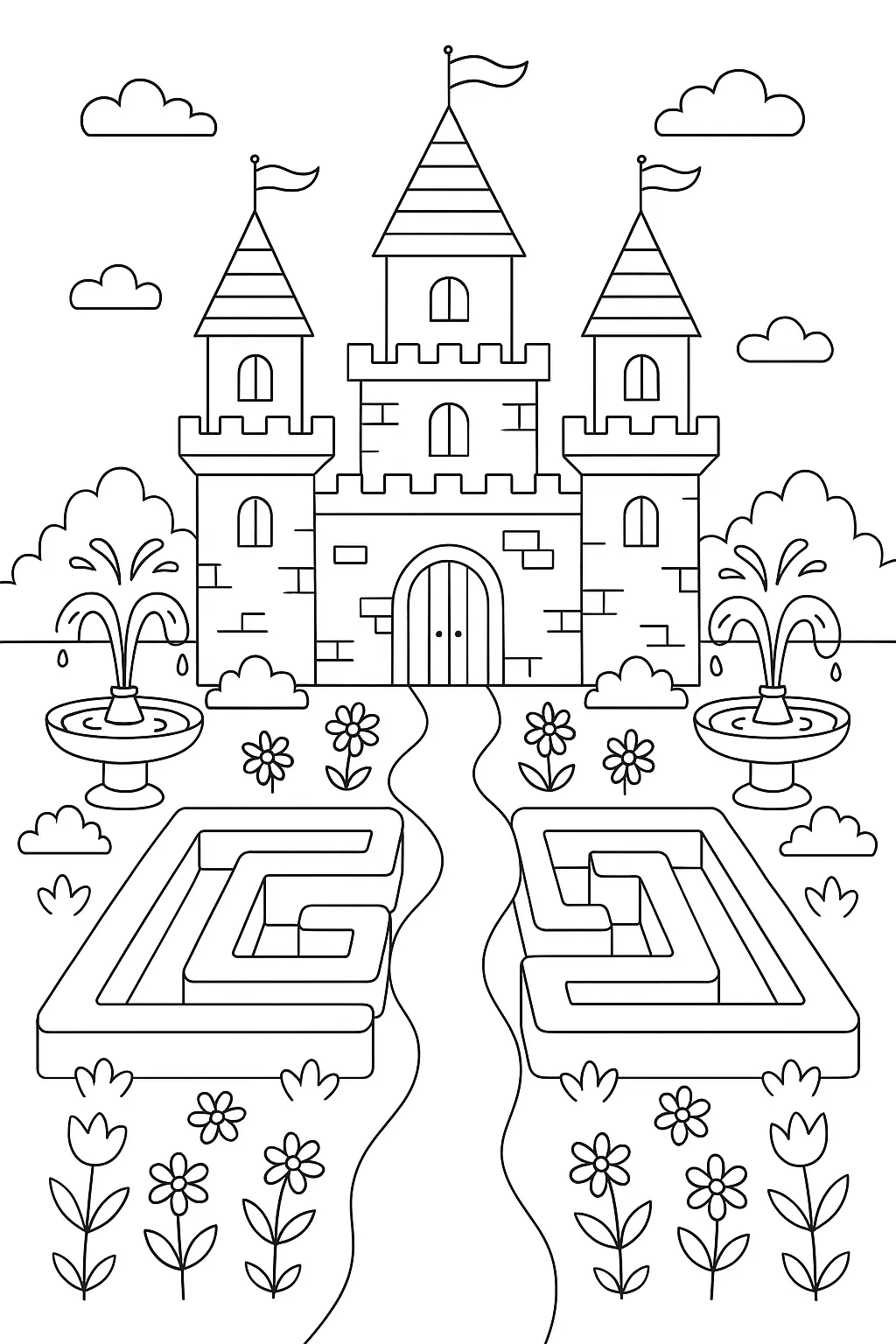 Desenho de contorno de um castelo com três torres principais, um caminho central, dois labirintos de arbustos laterais, fontes de água e flores em primeiro plano.