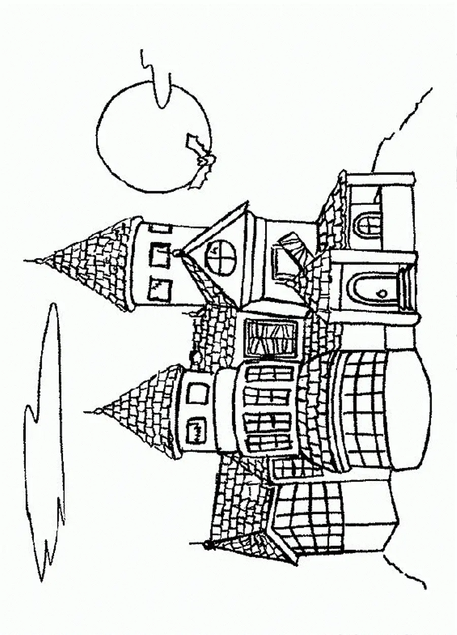 Desenho de contorno de um castelo gótico com telhados pontiagudos de pedra, janelas antigas e uma grande lua cheia com um morcego voando à frente.