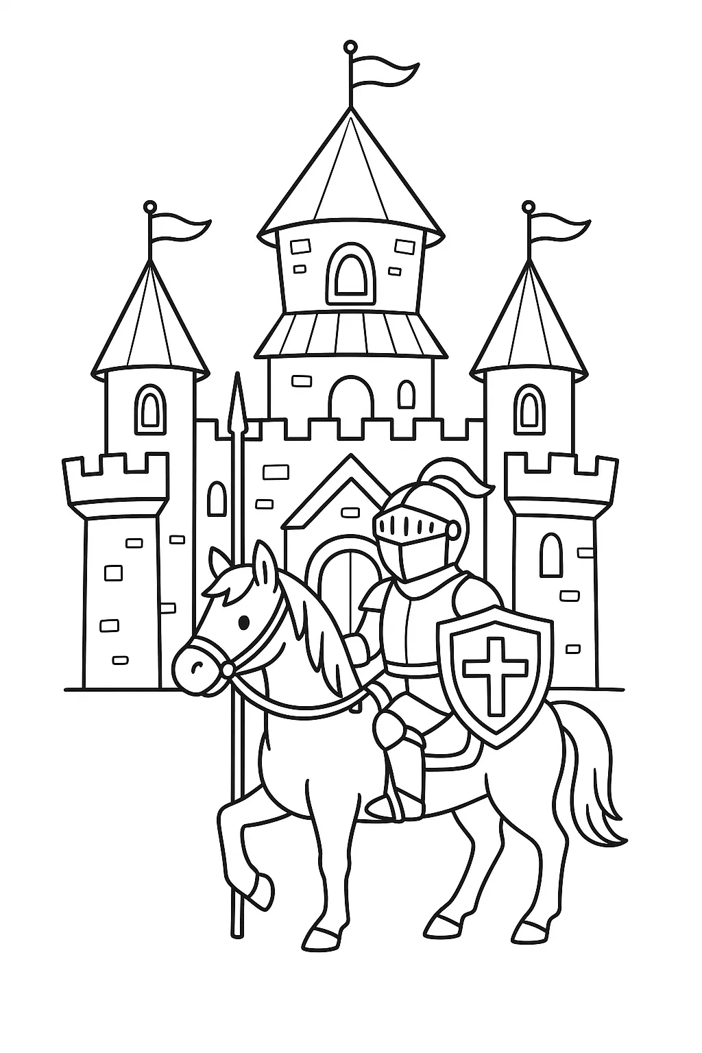 Desenho de contorno de um cavaleiro medieval usando armadura e elmo, segurando um escudo com uma cruz e uma lança, montado em um cavalo à frente de um castelo.