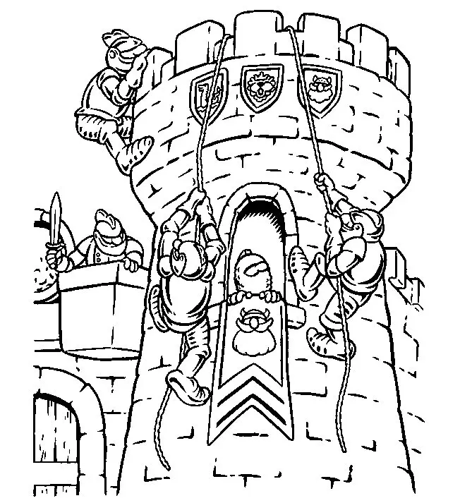 Desenho de contorno de três cavaleiros escalando uma torre de pedra usando cordas, com brasões de leão e vikings, e outro cavaleiro vigiando no topo.