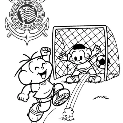 Desenho de contorno do Cebolinha comemorando um gol, Cascão como goleiro dentro da rede e o escudo do Sport Club Corinthians Paulista no topo.