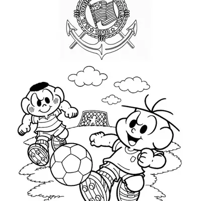 Desenho de contorno do Cebolinha e Cascão da Turma da Mônica correndo atrás de uma bola de futebol sob o escudo do Corinthians.