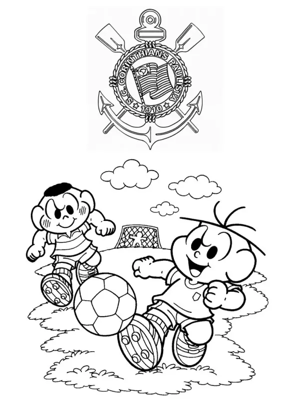 Desenho de contorno do Cebolinha e Cascão da Turma da Mônica correndo atrás de uma bola de futebol sob o escudo do Corinthians.