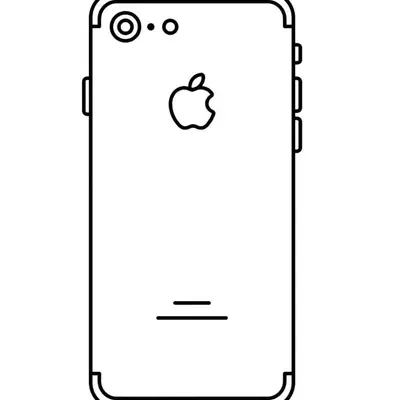Desenho de contorno da parte traseira de um smartphone com o logotipo de uma maçã mordida no centro, lente de câmera no topo e botões laterais.