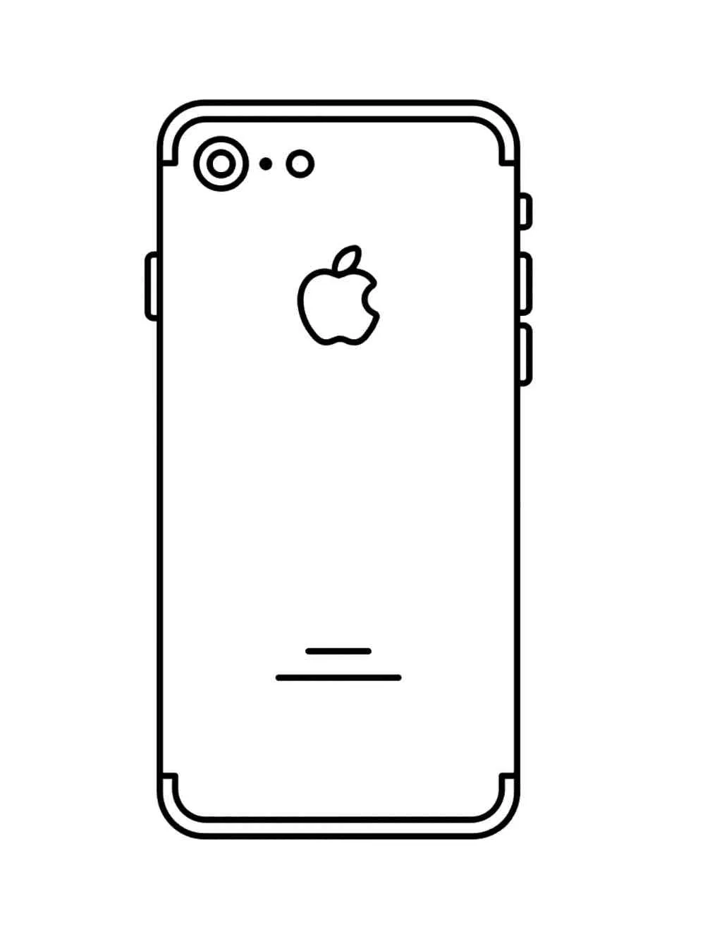 Desenho de contorno da parte traseira de um smartphone com o logotipo de uma maçã mordida no centro, lente de câmera no topo e botões laterais.