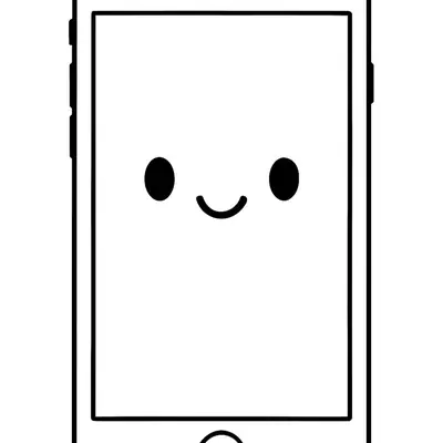 Desenho de contorno de um smartphone com um rosto simples na tela composto por dois olhos redondos pretos e um sorriso em forma de curva.