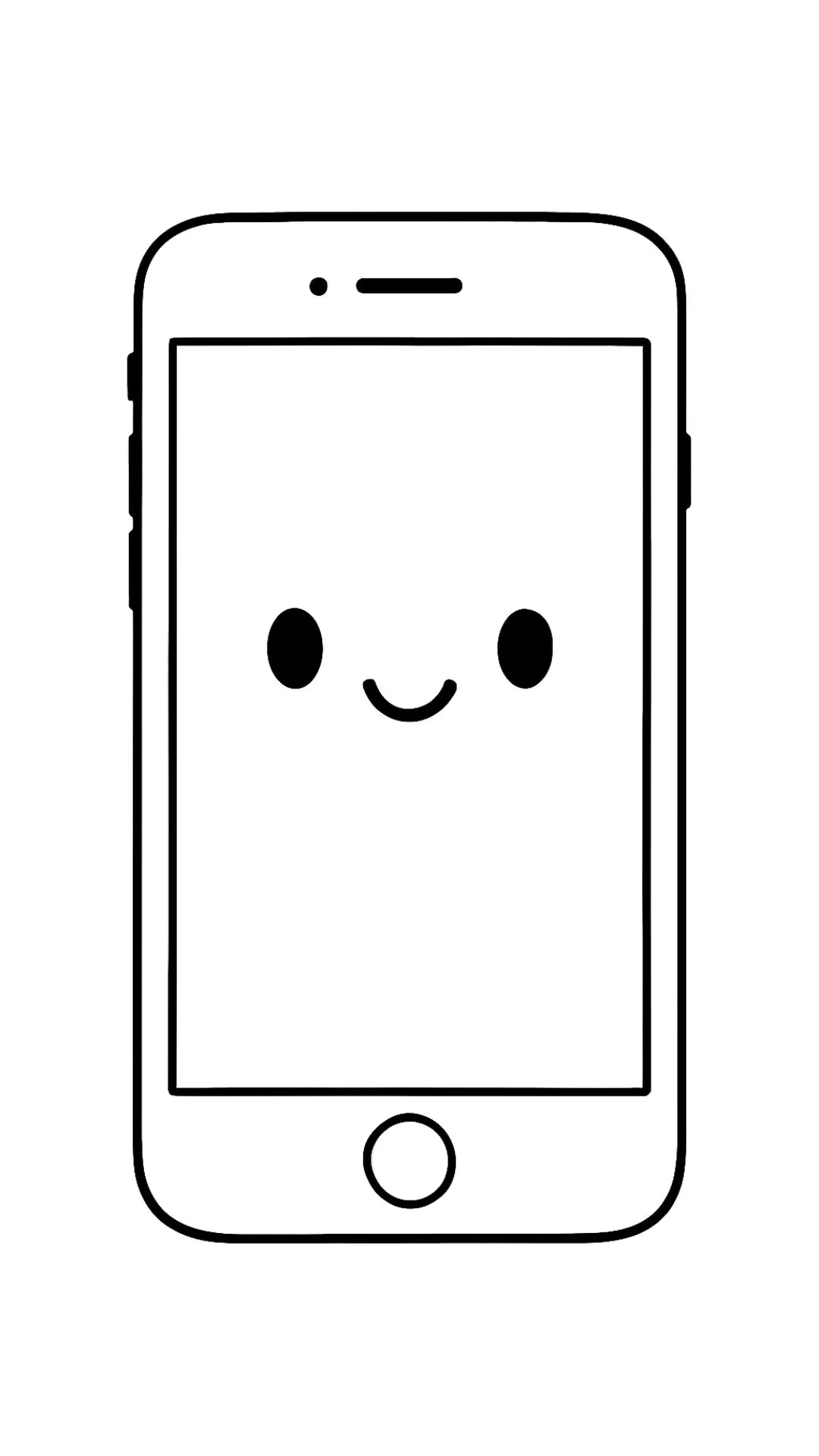 Desenho de contorno de um smartphone com um rosto simples na tela composto por dois olhos redondos pretos e um sorriso em forma de curva.