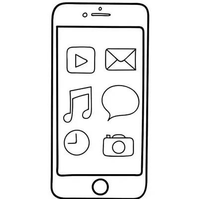Desenho de contorno simples de um smartphone com seis ícones na tela: play de vídeo, envelope de mensagem, nota musical, balão de conversa, relógio e câmera fotográfica.
