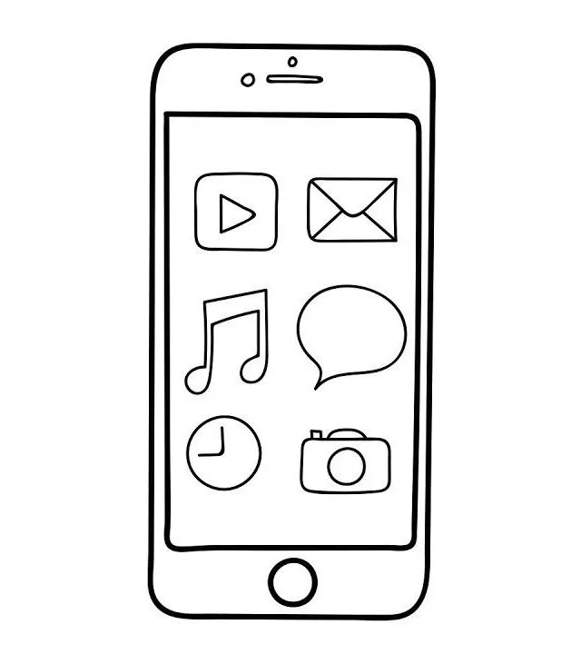 Desenho de contorno simples de um smartphone com seis ícones na tela: play de vídeo, envelope de mensagem, nota musical, balão de conversa, relógio e câmera fotográfica.