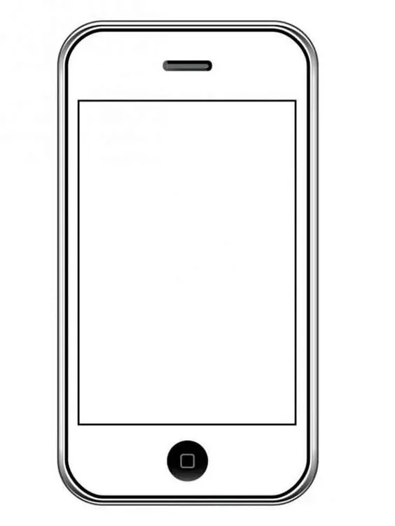 Desenho de contorno de um smartphone de frente com moldura detalhada, tela retangular em branco e um botão "home" circular com um quadrado dentro na base.