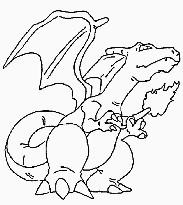 Desenho de contorno em preto e branco do Pokémon Charizard de perfil, com asas abertas e soltando uma pequena chama pela boca.
