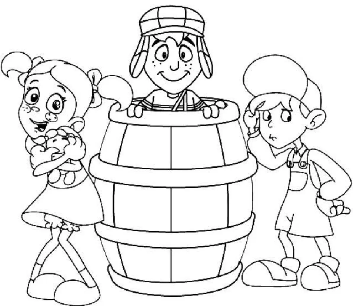 Desenho de contorno da turma do Chaves: Chaves dentro do barril no centro, Chiquinha à esquerda com uma boneca e Quico à direita com a mão na cabeça.