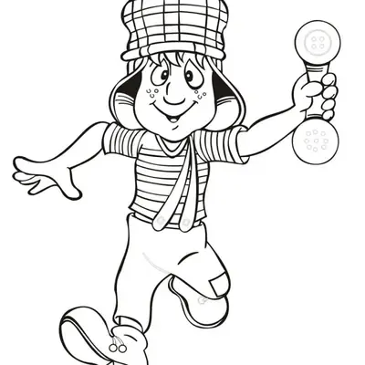 Desenho de contorno do personagem Chaves, usando seu chapéu xadrez e roupa de suspensório, segurando um fone de telefone antigo com a mão direita.