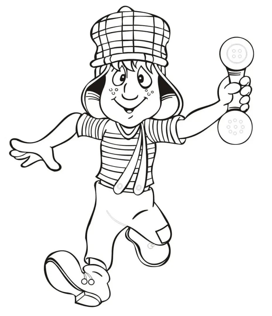 Desenho de contorno do personagem Chaves, usando seu chapéu xadrez e roupa de suspensório, segurando um fone de telefone antigo com a mão direita.